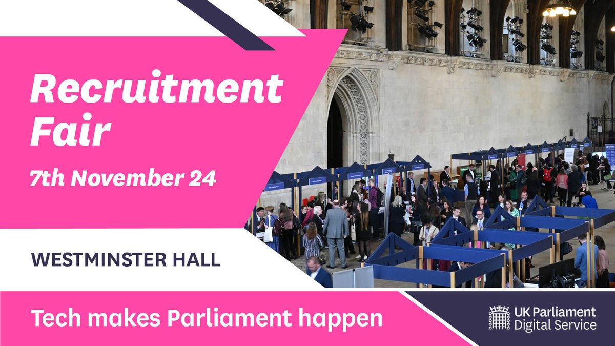 Interested in working for PDS?
 
Parliament is holding a recruitment fair on 7th Nov. The PDS recruitment team will be there to talk to you about different roles, the skills you’ll need, and what it’s like to work here.
 
Register for a free ticket 🎟️: tickets.parliament.uk/timeslot/uk-pa…