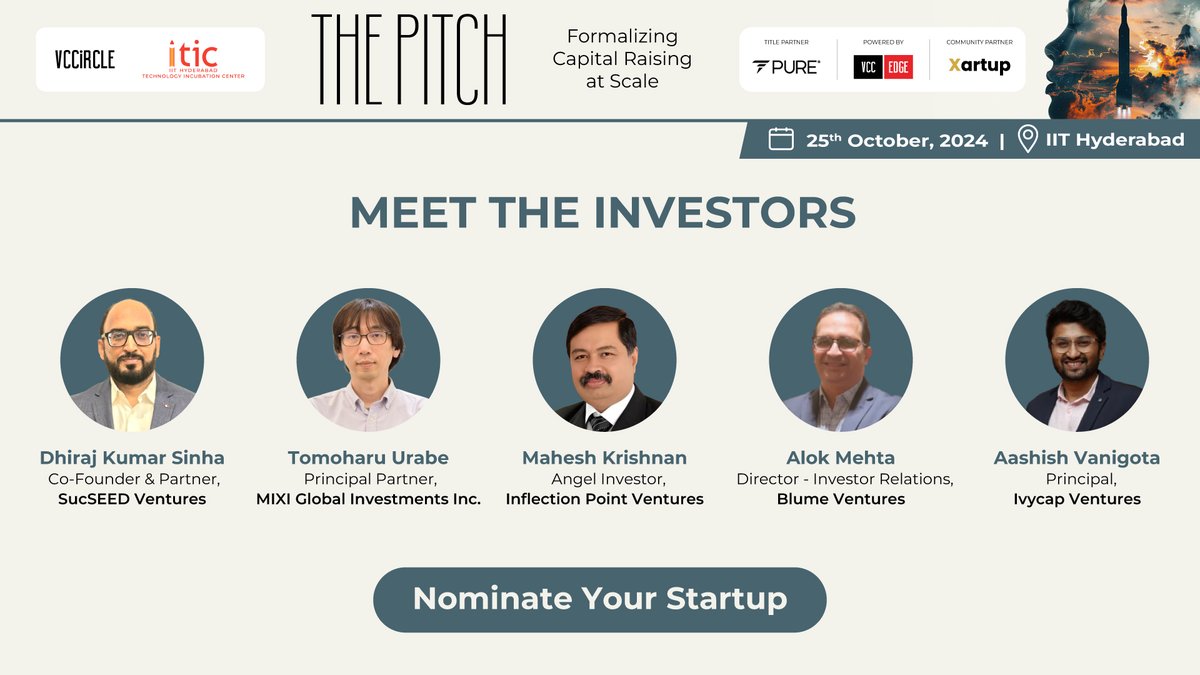 Meet the stellar lineup of #investors who will be joining us at #VCCThePitch.

And that’s not all – The Pitch is also coming to #Kolkata, #Chennai, &amp; #Lucknow. Don’t miss your chance!

Nominate your startup: bit.ly/4gg2llS

<a href="/avanigota95/">Aashish Vanigota</a>