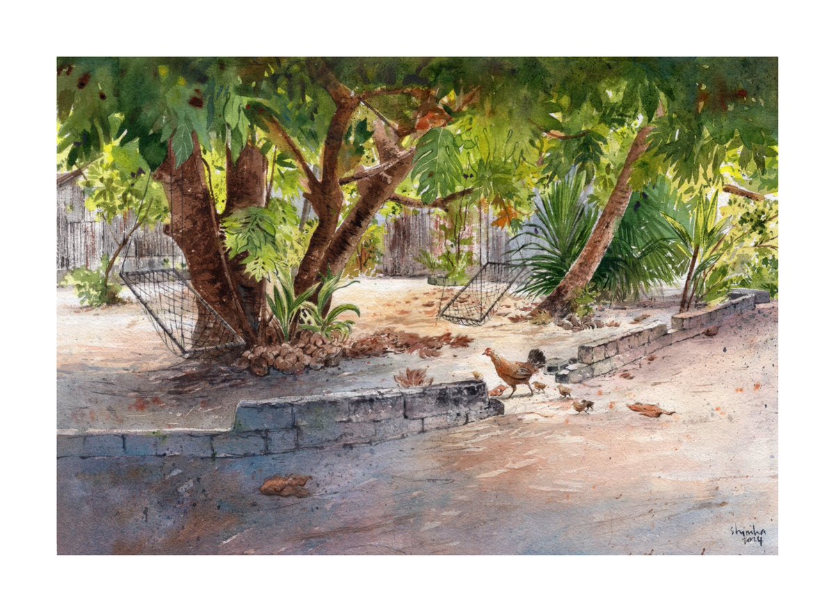 That morning walk was so calm and soothing. The white sand roads were unlike any other island. I even painted a house on this road, though it didn’t make the exhibition. Didn't spot the chicken and chicks crossing, but they definitely made the painting more fun. Thoughts?