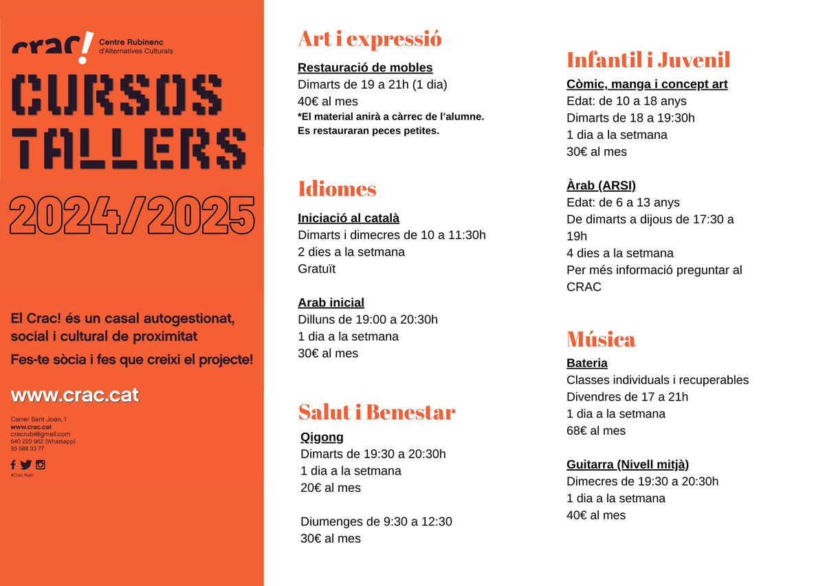 ✨CURSOS/TALLERS 2024/2025✨

Aquí us presentem els cursos i tallers que realitzarem durant aquest proper curs al casal!

Si te'n interessa algun, apropa't a l'espai de la kafeta, de dilluns a divendres de 19h a 22h i pregunta sense compromís.

#rubicity  #cracrubi