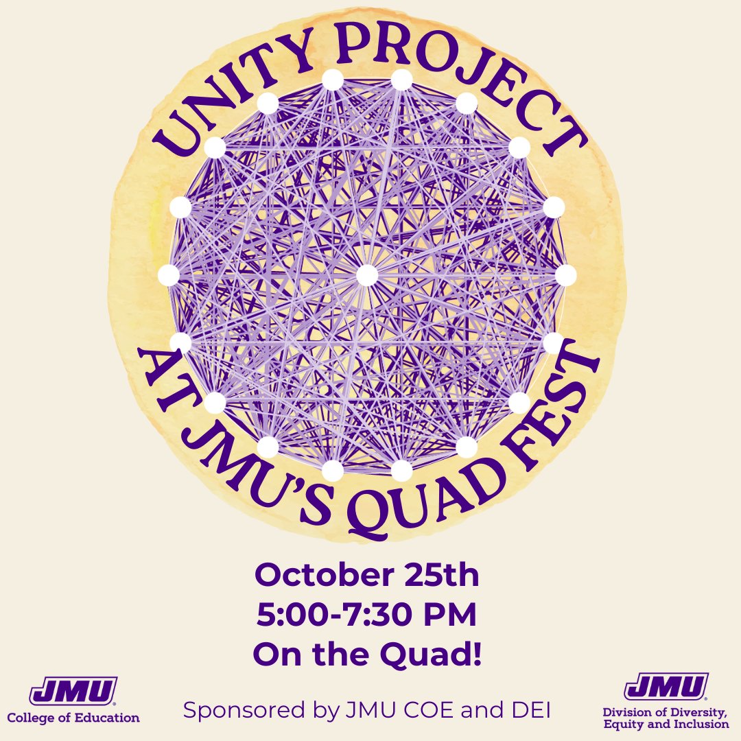 JMU College of Education (@jmucoe) on Twitter photo The UNITY Project is “an interactive public art project... that helps us celebrate our uniqueness and strengthens our ties to each other,” (UNITY Project website, 2024). 
Find us at Quad Fest on Friday, October 25th from 5:00-7:30 PM!
#JMUHomecoming #UNITY #JMUCOE #JMUDEI The UNITY Project is “an interactive public art project... that helps us celebrate our uniqueness and strengthens our ties to each other,” (UNITY Project website, 2024). 
Find us at Quad Fest on Friday, October 25th from 5:00-7:30 PM!
#JMUHomecoming #UNITY #JMUCOE #JMUDEI
