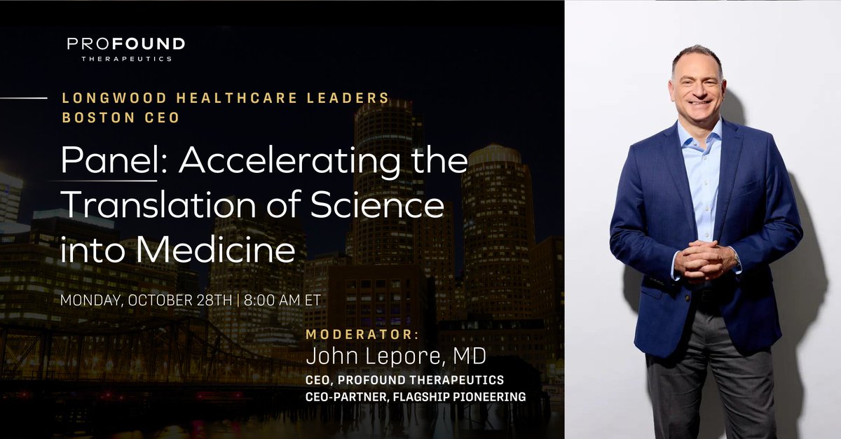 Next week, our CEO, John Lepore, will be moderating a panel at the <a href="/LongwoodLeaders/">Longwood Healthcare Leaders</a> #BostonCEO meeting. Stop by the panel to hear insights from industry experts on accelerating the translation of science into medicine. More details about the panel here: bit.ly/3Y8pgbF
