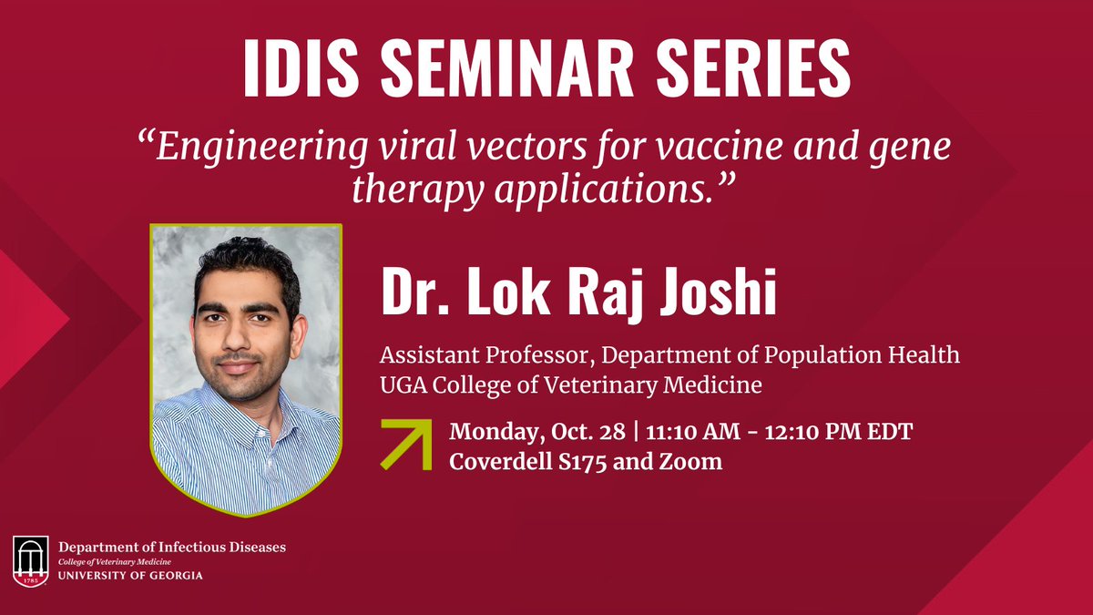 UGA_IDIS's tweet photo. New #IDIS Seminar! 📣 Join us on Monday, Oct. 28 for a seminar with Dr. Lok Raj Joshi (@Lokraj)  @ugavetmed's Department of Population Health! 

We hope to see you there! #UGAVetMed #VetDawgs 
__

For the full seminar schedule, visit our website. 🔗 in bio. https://t.co/tmEANKcLbR