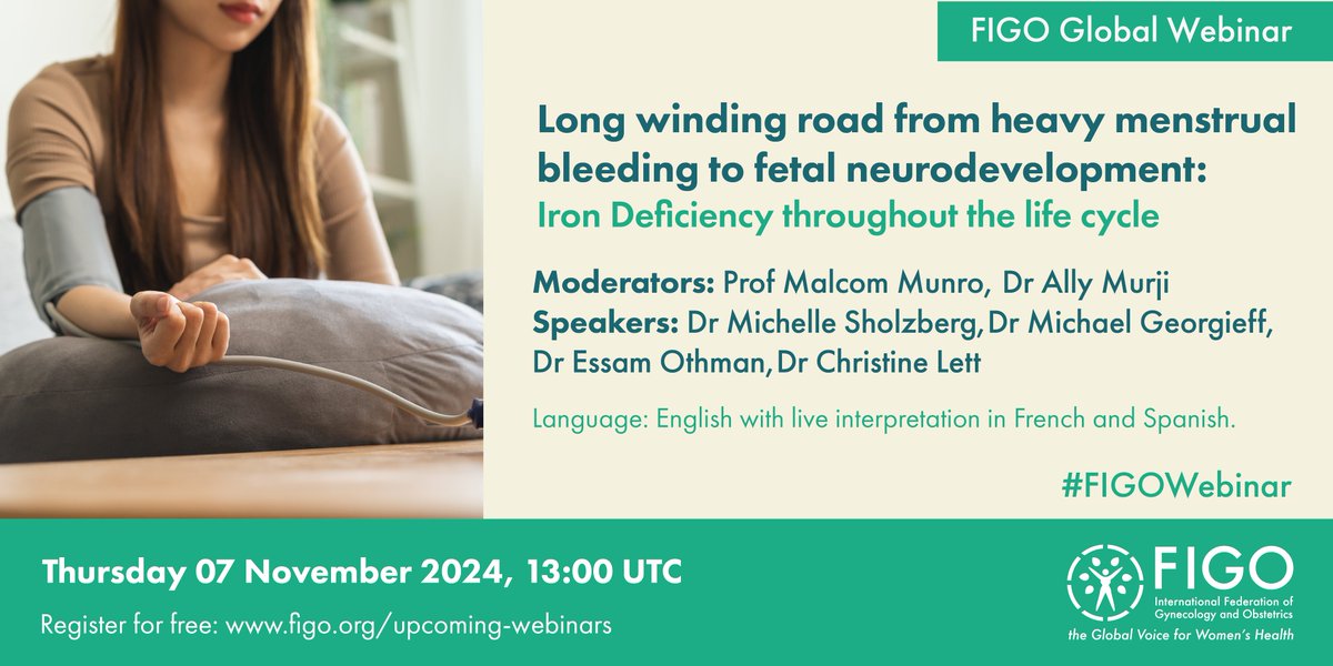 FIGO HQ (@figohq) on Twitter photo 🌍 Join us for a webinar on the link between heavy menstrual bleeding, iron deficiency & reproductive health!
Learn how iron affects cognitive & physical function—and why treating anemia is crucial before surgery or during pregnancy.
🔗 Register now: figo.ooo/4dNy0sm 🌍 Join us for a webinar on the link between heavy menstrual bleeding, iron deficiency & reproductive health!
Learn how iron affects cognitive & physical function—and why treating anemia is crucial before surgery or during pregnancy.
🔗 Register now: figo.ooo/4dNy0sm