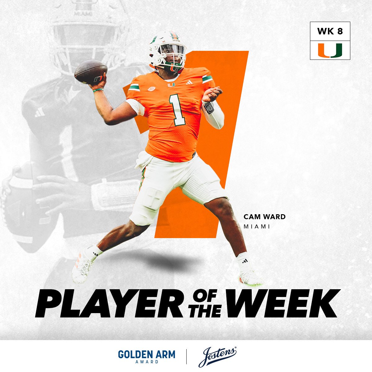 Golden Arm Award (@goldenarmaward) on Twitter photo CAM WARD IS ELECTRIC ⚡️⚡️
<a href="/Cameron7Ward/">Cameron Ward</a> kept the Hurricanes undefeated as he led @canesfootball to their eighth victory, winning his THIRD Jostens Player of the Week honors. Ward threw for 319 yards and four touchdowns in the tightly contested matchup. CAM WARD IS ELECTRIC ⚡️⚡️
<a href="/Cameron7Ward/">Cameron Ward</a> kept the Hurricanes undefeated as he led @canesfootball to their eighth victory, winning his THIRD Jostens Player of the Week honors. Ward threw for 319 yards and four touchdowns in the tightly contested matchup.