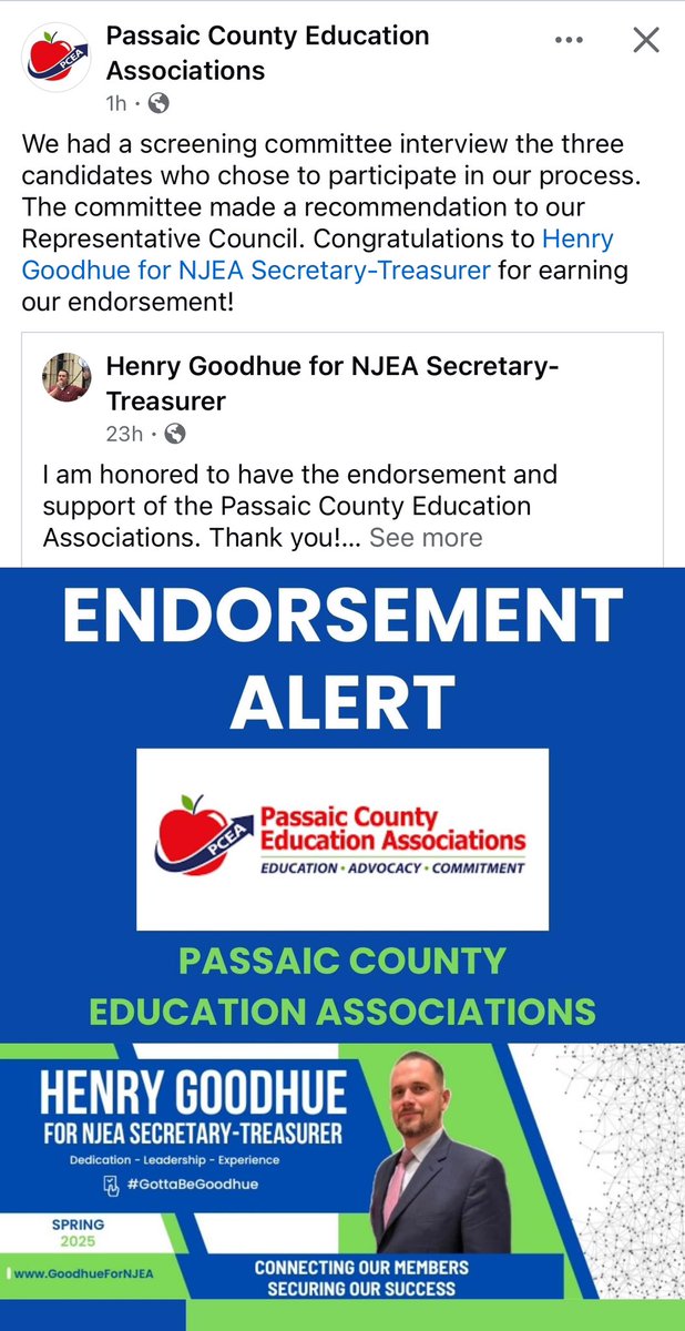 I am honored to have the endorsement and support of the Passaic County Education Associations. Thank you!

For NJEA Secretary-Treasurer it’s #GottaBeGoodhue
 
 <a href="/PCEAConnect/">PCEACommunications</a>