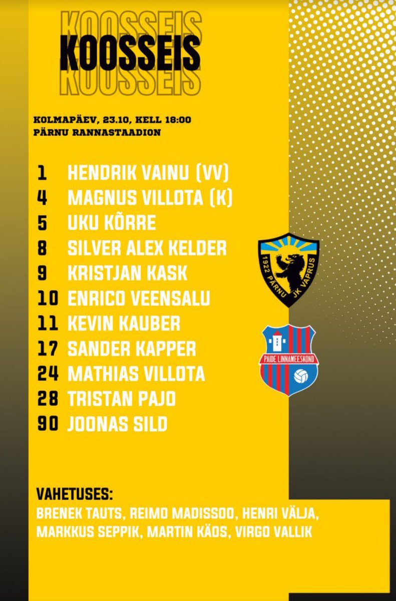 Bears' lineup vs <a href="/PLinnameeskond/">Paide Linnameeskond</a>! 💪

#pärnupärast