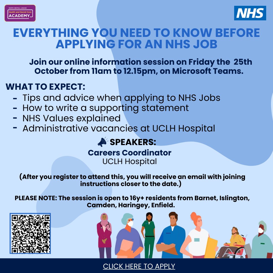 Join our online info session on Fri, 25th Oct, 11am-12:15pm on Teams! 🎓

Learn:
- Tips for NHS job applications
- How to write a supporting statement
- NHS Values explained
- Admin vacancies at UCLH Hospital
- Don’t miss out! 

Click here to sign up: bit.ly/3NDjTeI