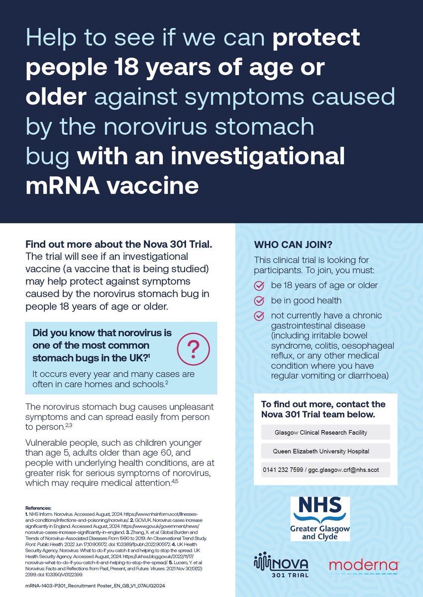 <a href="/NIHRresearch/">National Institute for Health and Care Research</a> Help to see if we can protect people 18 years of age or older against symptoms caused by the norovirus stomach bug. <a href="/NHSGGC/">NHS Greater Glasgow and Clyde</a> <a href="/NHSResearchScot/">NHS Research Scotland</a> <a href="/EnrichScotland/">ENRICH Scotland</a>
