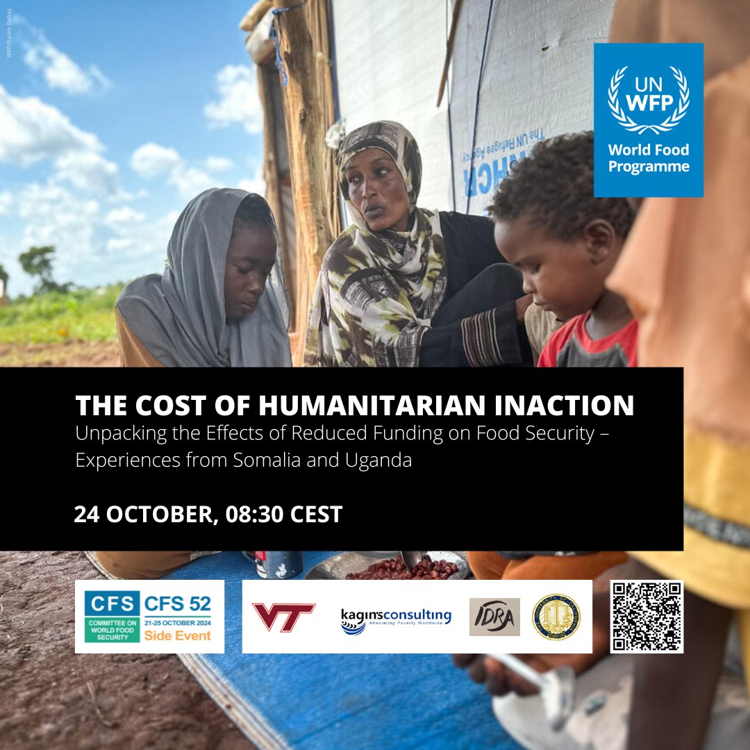 📣Join us tomorrow for our side event at #CFS52, The Cost of Humanitarian Inaction, where we’ll unpack the effects of reduced humanitarian funding on food security in #Somalia and #Uganda.

📅 RSVP: 24.10 | 08:30 CEST | fao.zoom.us/meeting/regist…

#50YearsOfCFS
