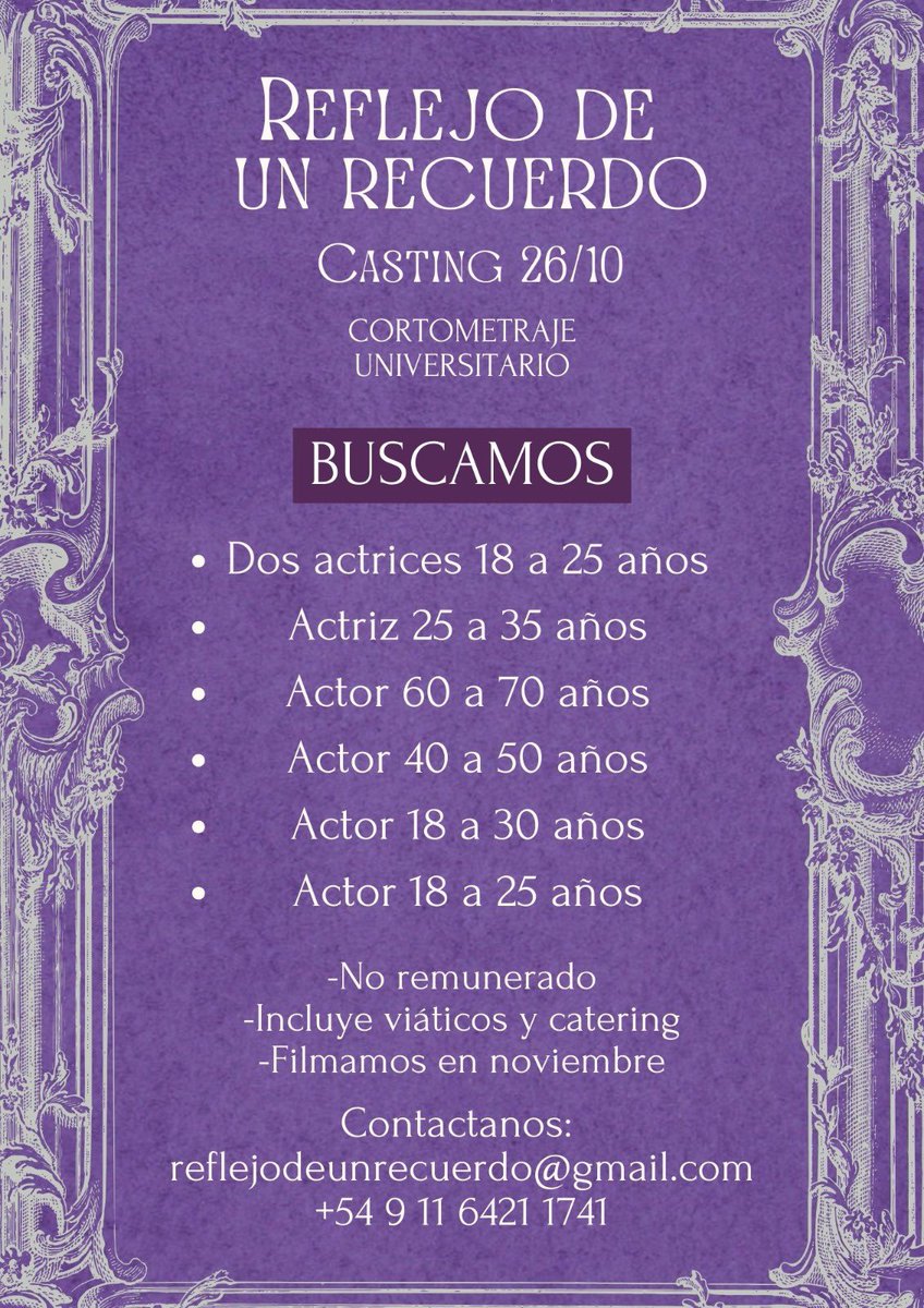 ¡Hola! Somos 5 estudiantes de Comunicación Social y estamos realizando *nuestro primer cortometraje:* _REFLEJO DE UN RECUERDO_🪞💗

🎭Si sos actor o actriz y estás interesado, *ANOTATE ACÁ:*
forms.gle/7JSEUpHpNC66i9…

#cine #casting #actores #actuacion