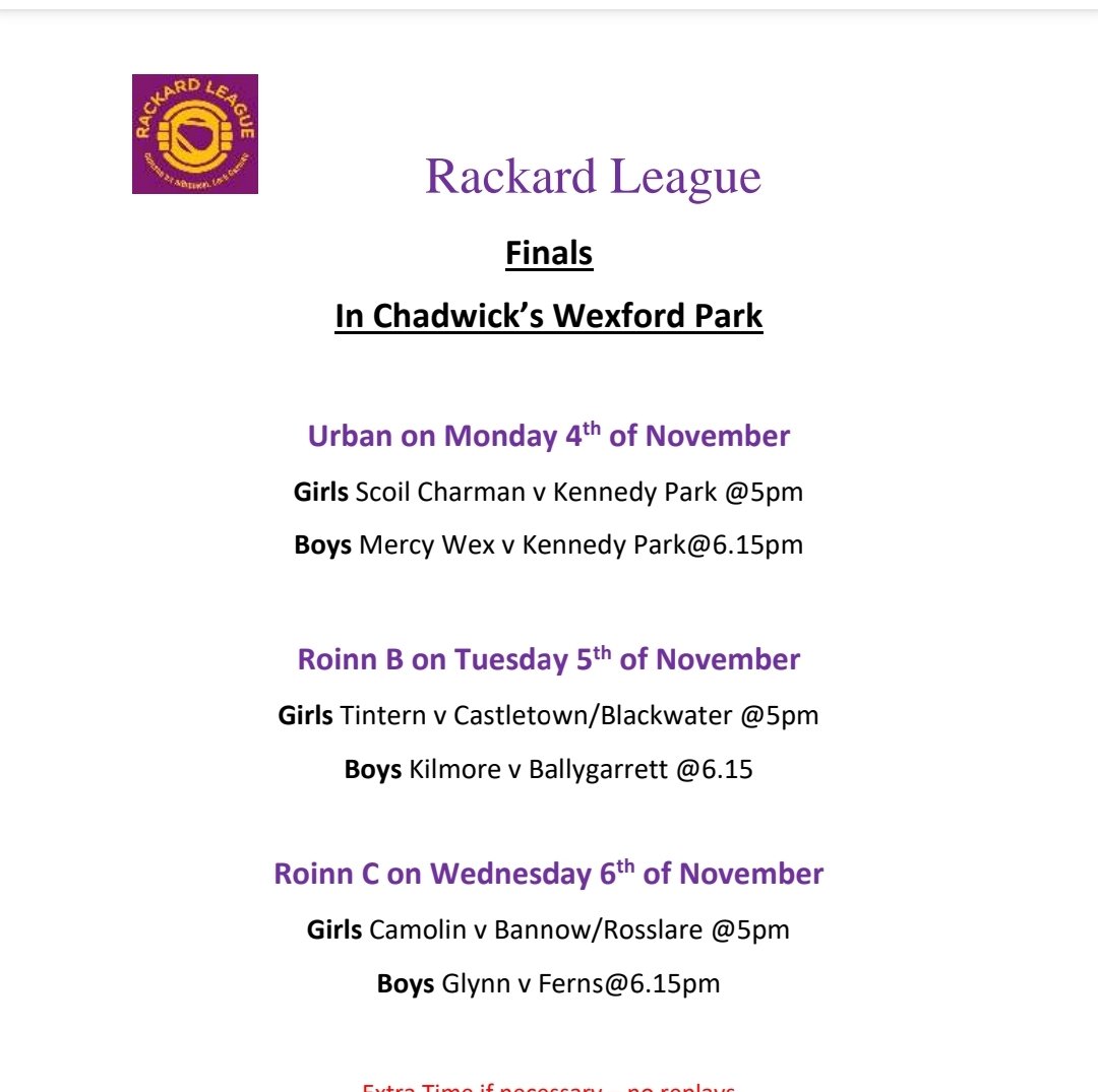 RackardLeague's tweet photo. Football finals continue the week after mid-term break, this time in @ChadwicksIE Wexford Park. 
There will be a €5 charge for adults on the gate each night. Card can be accepted. @kparkwexford @GORahillys @kilmorens @BannowBmittyGaa @Glynnbarntown2 @FernsGAA @cnambnaisiunta https://t.co/lGMOGSaaU8