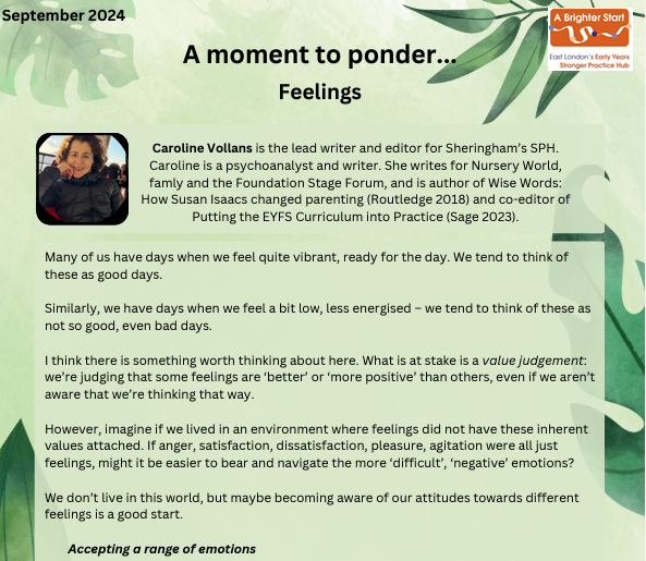 😌Introducing our new column, 'A moment to ponder...' by <a href="/CarolineVollans/">Caroline Vollans</a>  
❤️‍🩹The first topic on this article focuses on the importance of feelings and supporting children to recognise their emotions. 
🤓Read more: sheringham-nur.org.uk/wp-content/upl…

<a href="/ncbtweets/">National Children's Bureau</a> <a href="/melissaEYpren/">Melissa Prendergast</a> 
#EYFS