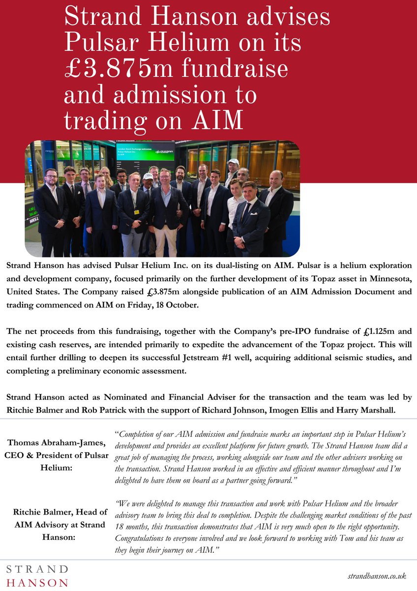 Strand Hanson advises <a href="/pulsarhelium/">Pulsar Helium (TSXV: PLSR)</a>  on its admission to AIM.