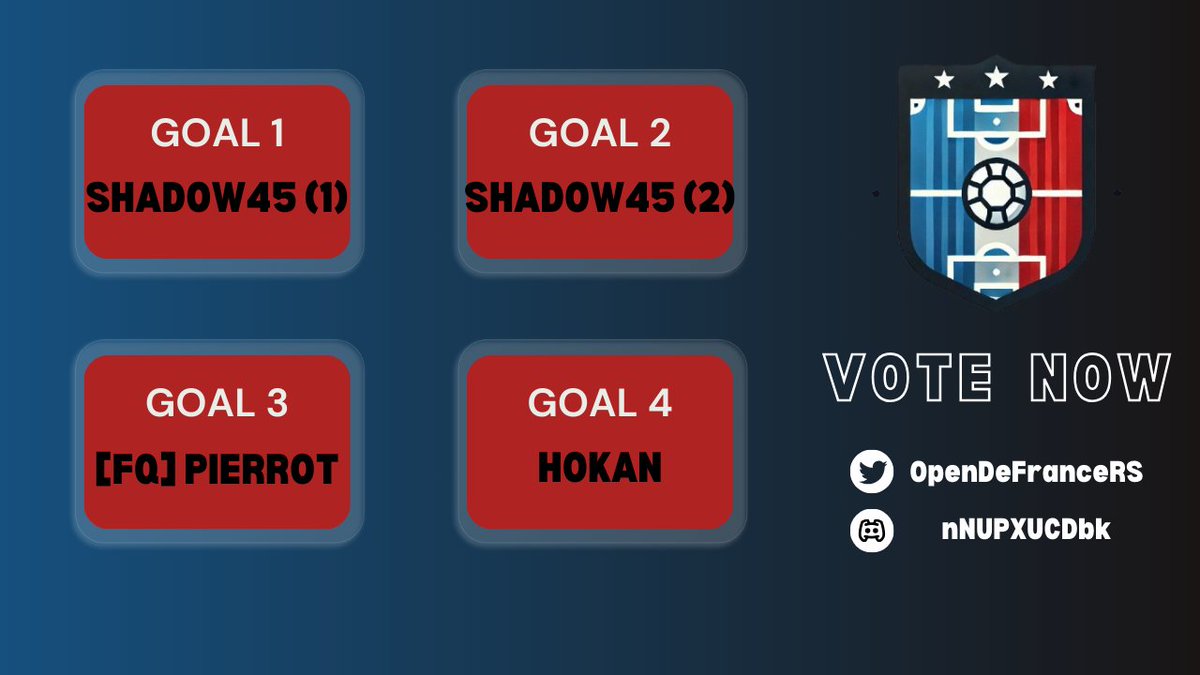OpenDeFranceRS's tweet photo. [But de la semaine]  

⏰ C'est l'heure d'une nouvelle élection du but de la semaine ! 4 nouveaux buts à l'affiche, inscrits durant la 3ème semaine de compétition ⚽️

🎥 Pour visionner les buts : https://t.co/PYuU07mJno 

🗳️ Pour voter : https://t.co/CE9Qn2jrti https://t.co/dIJikVXal1