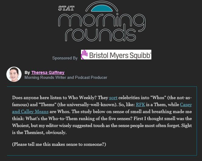 Did not expect a <a href="/whoweekly/">Who? Weekly</a> opener in today's <a href="/statnews/">STAT</a> Morning Rounds newsletter from <a href="/_gaffknee/">Theresa Gaffney</a>, but yes, this makes perfect sense to me, a health policy Wholigan. statnews.com/2024/10/23/die…