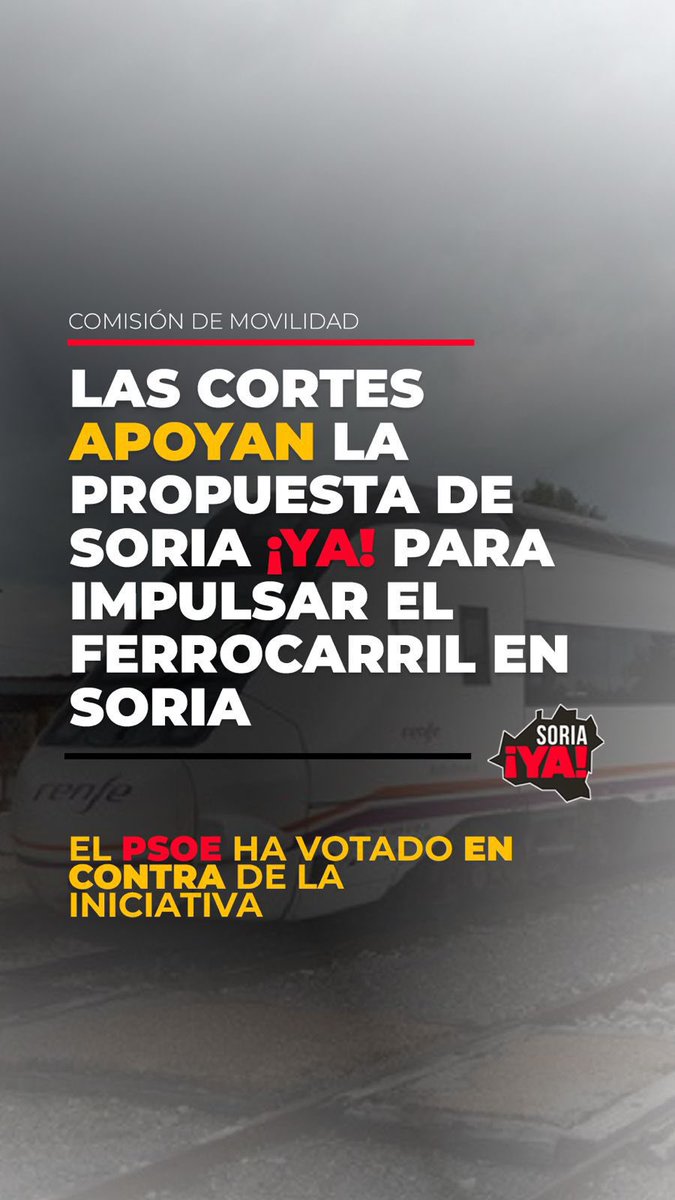 ❌🔴 PSOE ha votado en contra de:

▪️Incluir Soria en los corredores ferroviarios planificados

▪️Agilizar el estudio de viabilidad para la reapertura y modernización de la línea Soria-Castejón

▪️Realizar un estudio de viabilidad para crear un eje ferroviario entre Valladolid y