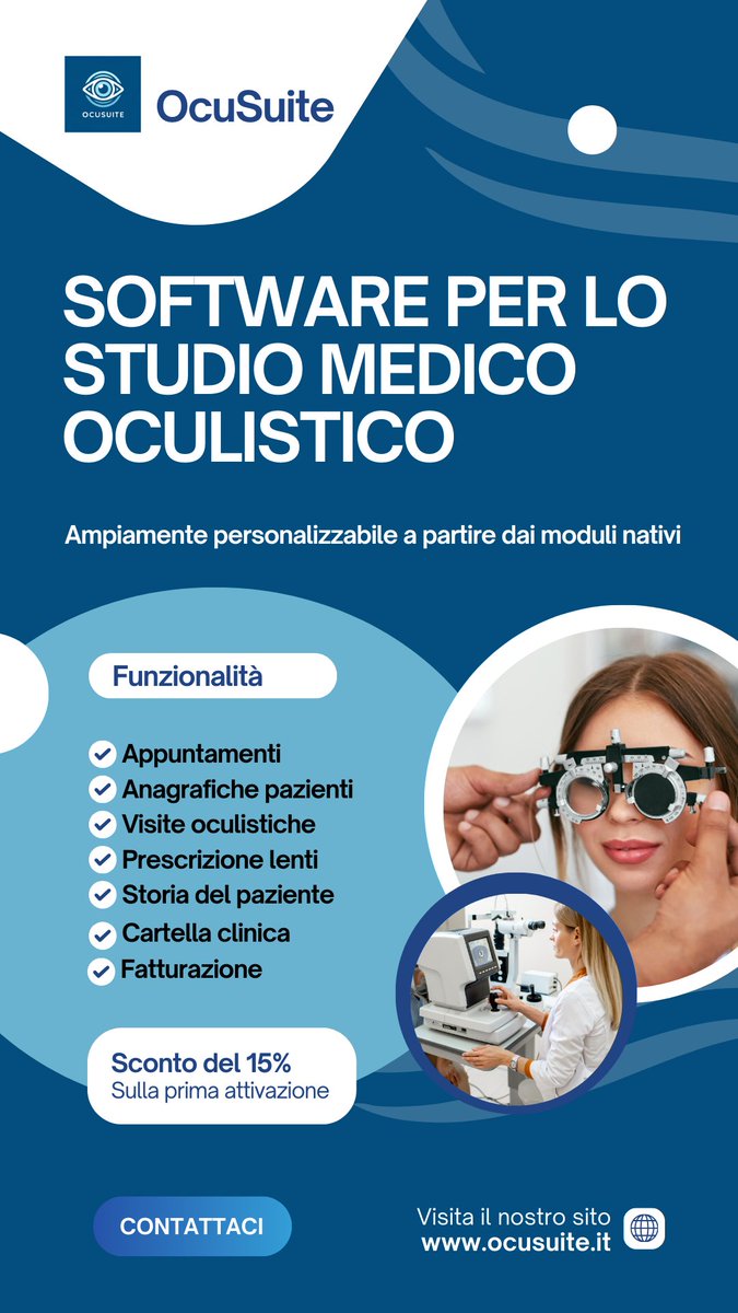 OcuSuite's tweet photo. @OcuSuite: Software per lo studio medico oculistico

Ampiamente personalizzabile a partire dai moduli nativi per:
- appuntamenti;
- anagrafiche pazienti;
- visite oculistiche;
- prescrizione lenti;
- storia del paziente;
- cartella clinica;
- fatturazione;
- esami;
- ecc... https://t.co/hTM74xUw8W