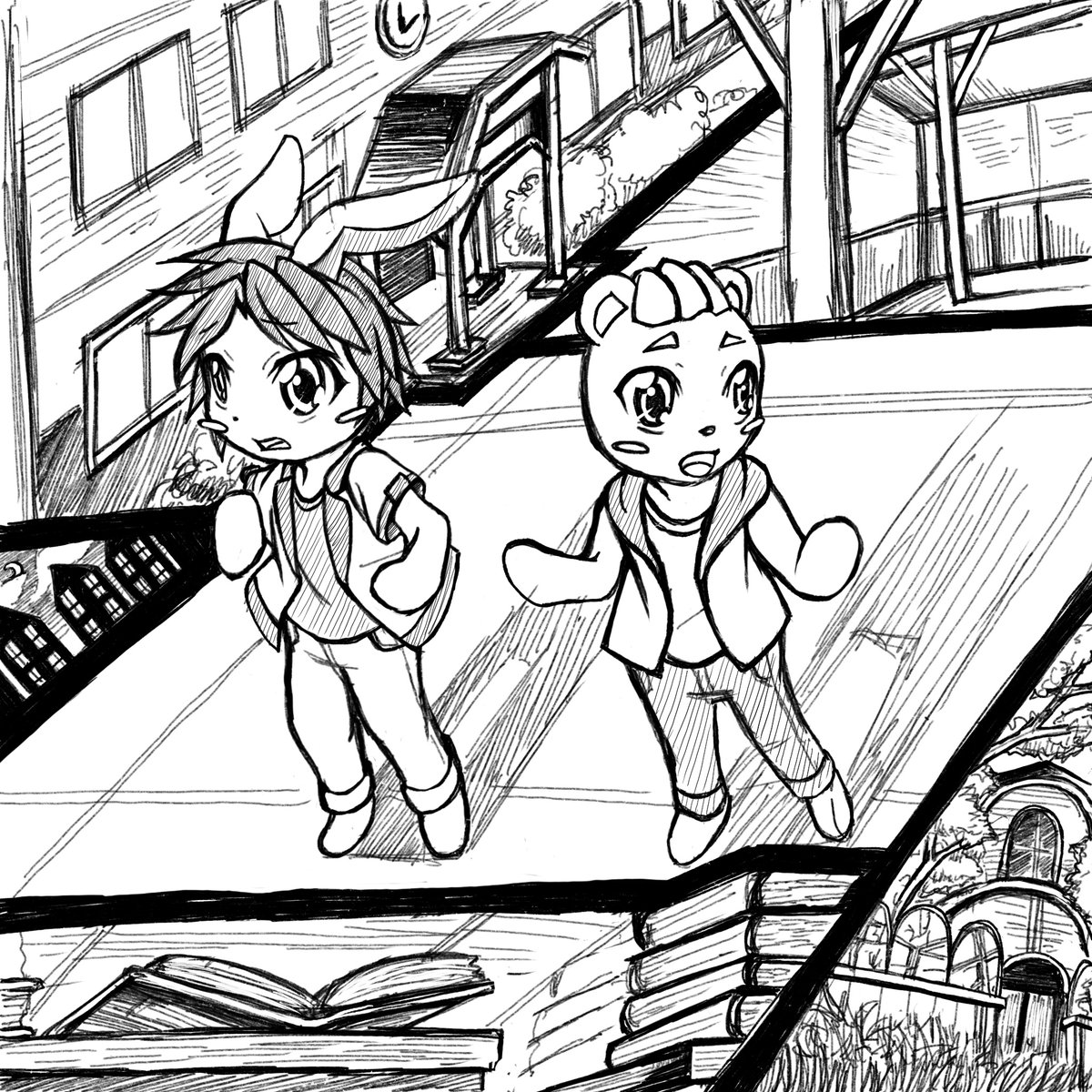 yumehirobiro's tweet photo. 「湖の鍵と、ふしぎな絵」の第二章イメージカットで、
ふしぎな絵の謎を探して、
古い学校や図書館、郊外の廃墟などを
手当たり次第あたるシーンです✨
背景が下手過ぎて、ファンタジーの学校って
どう描いたら表現できるか全然わからない💦

#かわいいイラスト
#絵柄が好みの方にフォローされたい
#絵柄が好みって人にいいねされたい
#ユメひろびろ
#DuCAN
#ドキドキお話BOX