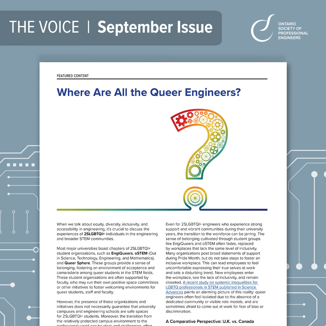 O_S_P_E's tweet photo. Where are all the #queer #engineers? 

Learn about the challenges #2SLGBTQI+ professionals face in #STEM, from lack of workplace #inclusivity to the need for role models in our latest issue of The Voice.

https://t.co/mADvujk2k3

#OSPELeads #EngineersLead #EDI #QueerEngineers https://t.co/uqjs1sfYQp