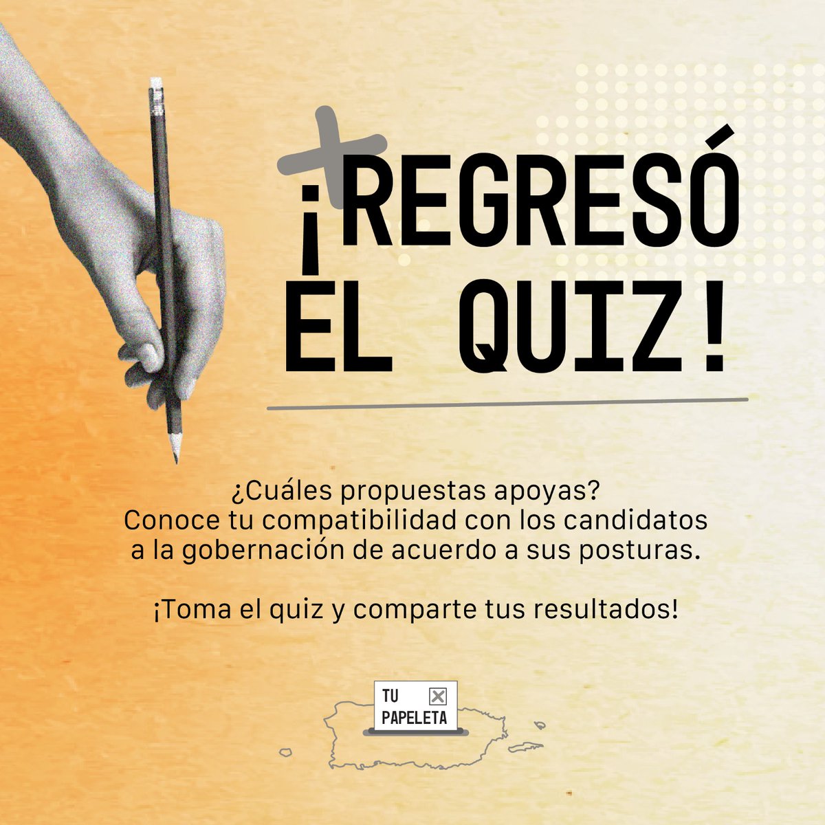 ¡A dos semanas de las elecciones, volvemos con nuestro emblemático quiz! ✔️

Este ejercicio te permitirá conocer más sobre los candidatos y cómo sus posturas se alinean con tus intereses para el futuro de Puerto Rico. 

¡Comparte el quiz con seres queridos y amistades! 🗳️