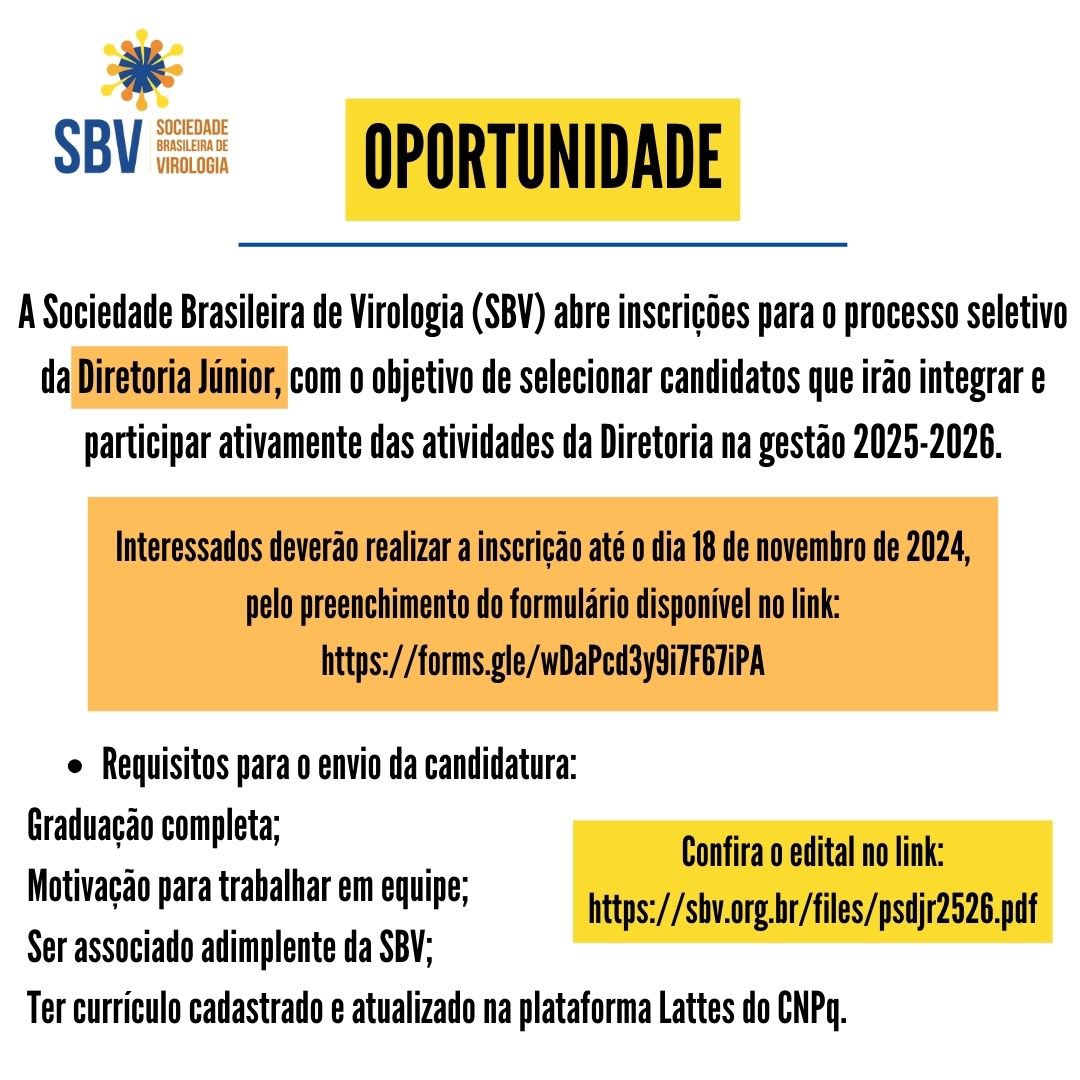 Se inscreva para o processo seletivo da Diretoria Jr. (2025-2026)! 
Mais informações no link: sbv.org.br/index.php?page… 
Se inscreva até 18 de novembro no link:
 forms.gle/wDaPcd3y9i7F67…