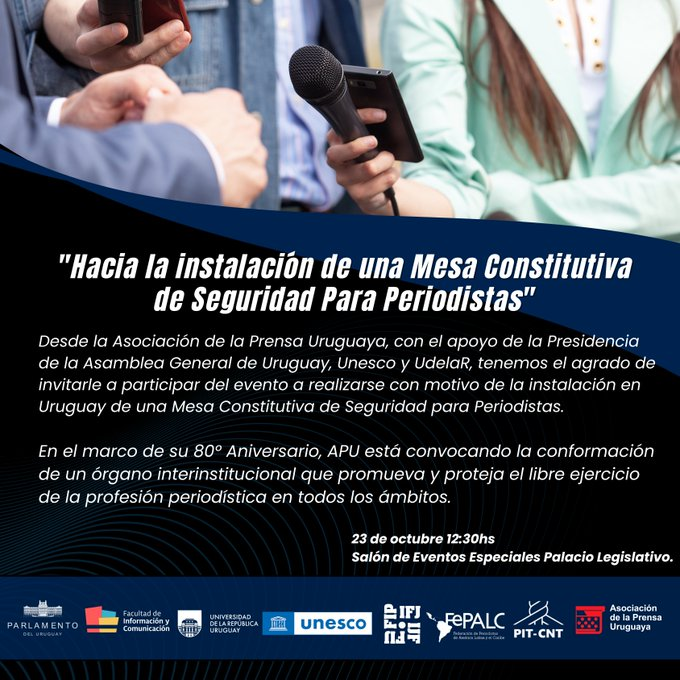 UNESCOmvdo's tweet photo. 🎙️ ¡Hoy es un día clave para la protección del periodismo en Uruguay🇺🇾!  En el marco del Día del Periodista y Trabajador/a de Medios de comunicación te invitamos a seguir el Panel 📺🎤📷🗞️📻💻"Hacia la Instalación de una Mesa de Seguridad de Periodistas en Uruguay" y la pesentación del 🗒️✍️"Compromiso Interpartidario de Apoyo al Periodismo Independiente" en el marco del 80° Aniversario de la Asociación de la Prensa Uruguaya.

📅 Fecha: 23 de octubre 2024  
🕒 Hora: 12:30 hs  
📍 Lugar: Sala de Eventos Especiales, Palacio Legislativo

🔴 Transmisión en vivo: https://t.co/v8HILTYFl7

#SeguridadParaPeriodistas #LibertadDeExpresión #APU80Años #Unesco