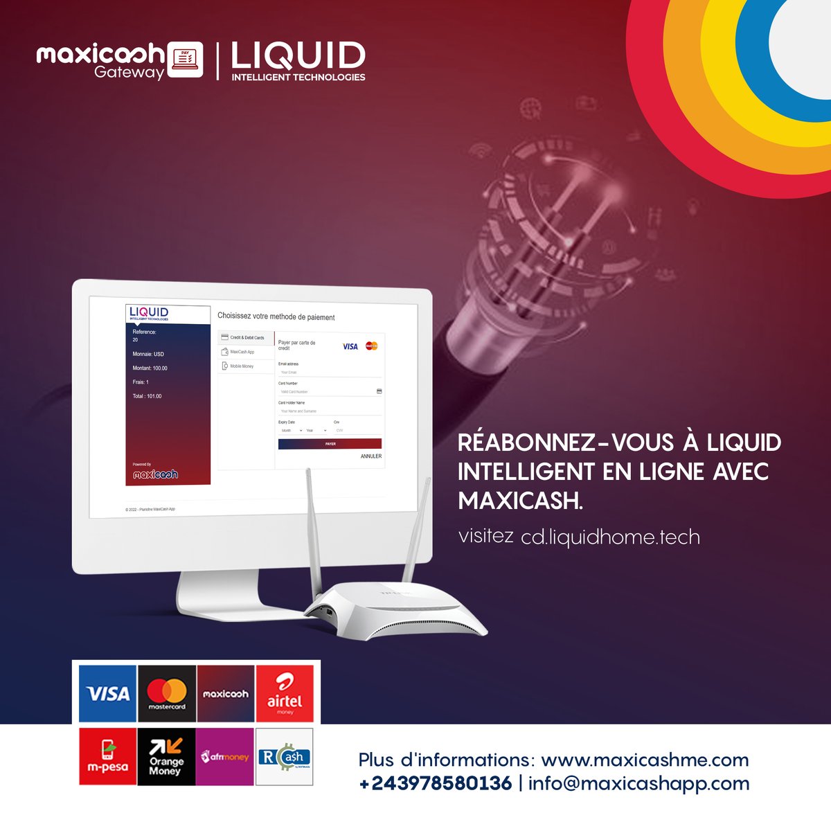 Maxicashapp's tweet image. Ne tardez plus ! Découvrez un service sans accroc avec MaxiCash dès aujourd'hui en visitant cd.liquidhome.tech

Pour plus d’infos : +243 898 697 880 #MaxiCashgateway #liquidintelligenttechnologies #fibre #4G