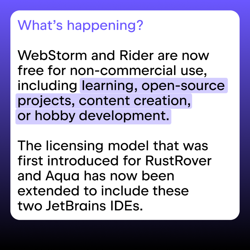 jetbrains's tweet photo. 🎉 Exciting news for @WebStormIDE and @JetBrainsRider users! WebStorm and Rider are now free for non-commercial use.