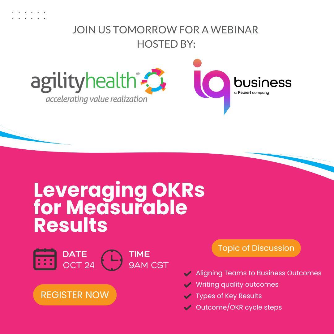 agilityhealthr's tweet photo. Don't miss out! Our next webinar with iqbusiness is tomorrow, October 24 at 9am CST - Save your spot today -  https://t.co/dfQPt2QPoD

#webinar #agility #businessagility #businessinsights #leadership #agileleadership #valuerealization #agilityinaction #teamofteams https://t.co/YVj7LP4RKm