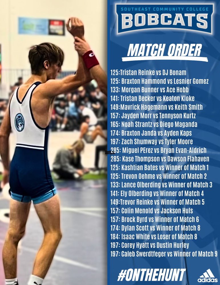 Here are the first round assignments for Men wrestle offs this Saturday starting at 11am in the Truman Center at Beatrice Campus. Links for live viewing will be sent this week as well.