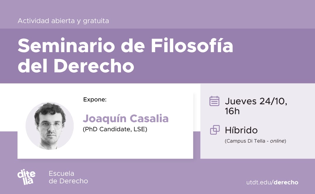 EzeqMonti's tweet photo. Mañana a las 16hs Joaquín Casalia estará presentando su paper 'El peso de los derechos' en UTDT. Defiende la tesis controversial de que los derechos pueden ser malos en sí mismos para sus poseedores. Seguro la discusión será interesante. Para registrarse: https://t.co/0N4L1NLf3H https://t.co/AbmqRDGJ3d