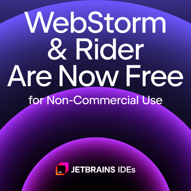 jetbrains's tweet photo. 🎉 Exciting news for @WebStormIDE and @JetBrainsRider users! WebStorm and Rider are now free for non-commercial use.