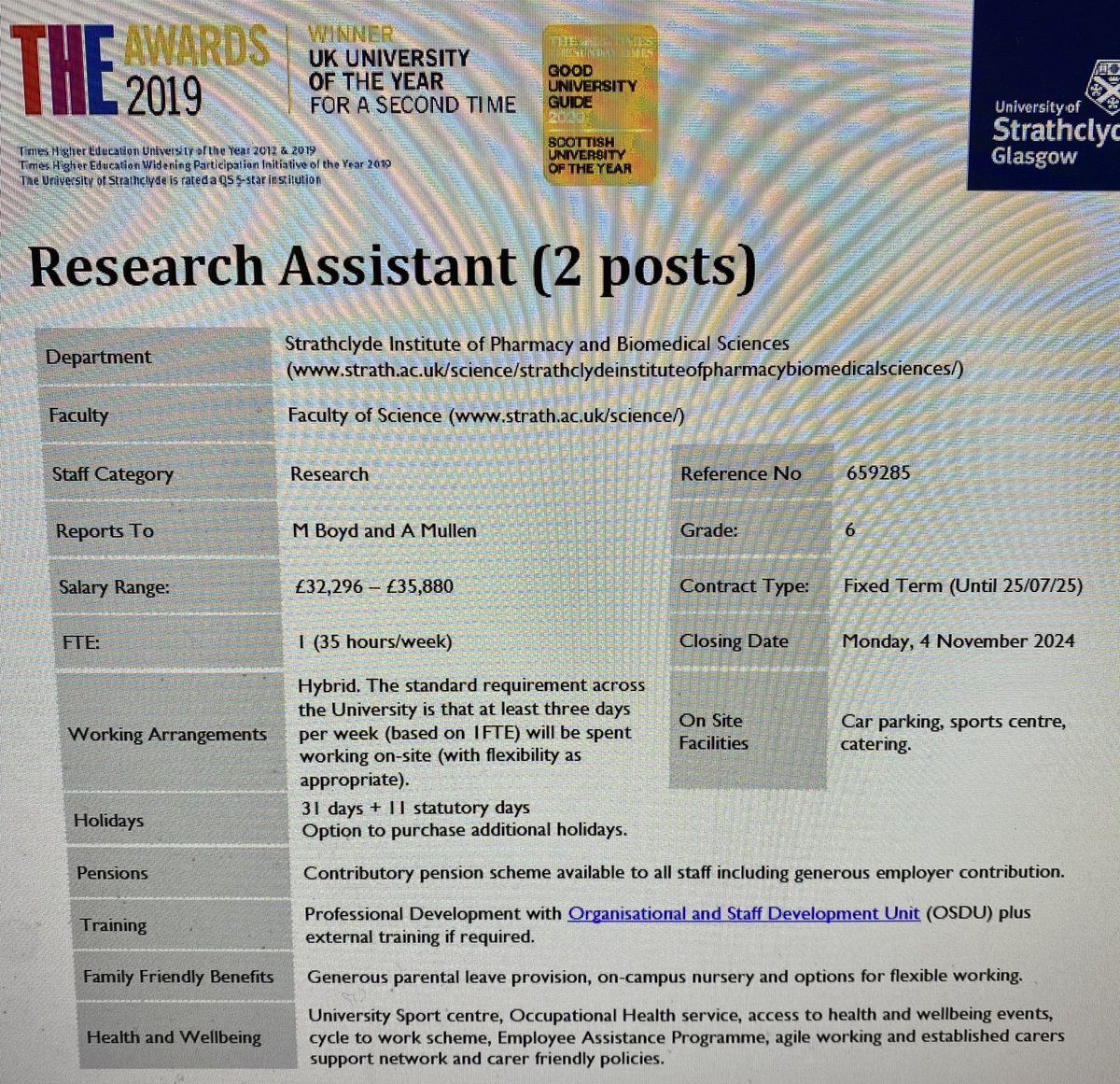 We are looking to hire 2 research assistants in the joint labs of myself (Marie Boyd) and Professor Alex Mullen <a href="/UniStrathclyde/">University of Strathclyde</a> <a href="/SIPBS_Strath/">StrathPharm&Bio</a> . Skill sets required include sone of cancer research, cell culture, molecular biology, formulation science.