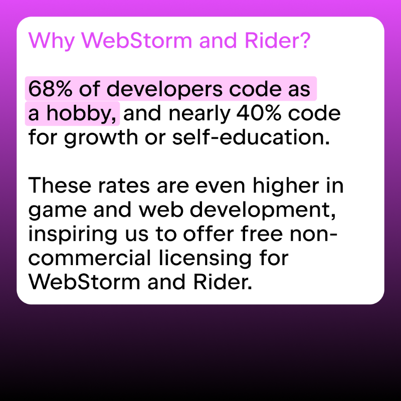 jetbrains's tweet photo. 🎉 Exciting news for @WebStormIDE and @JetBrainsRider users! WebStorm and Rider are now free for non-commercial use.