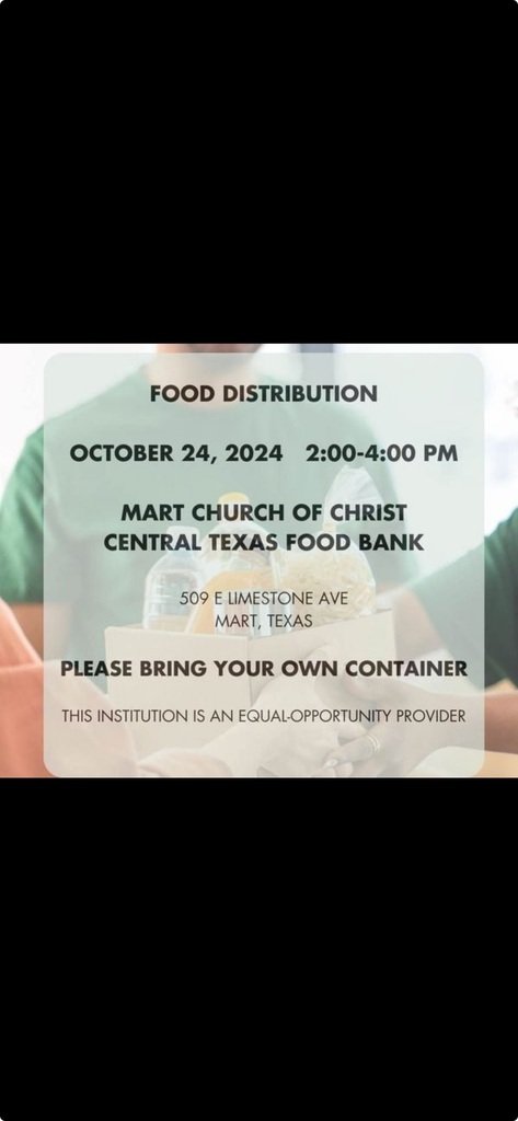 The Church of Christ will have a food distribution Thursday, October 24th, from 2pm-4pm.