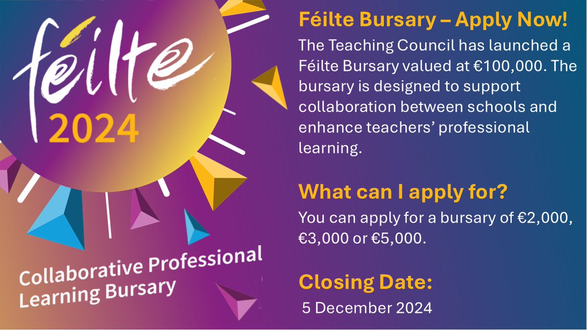 TeachingCouncil's tweet photo. Exciting news! We have launched our Féilte bursary scheme, with opportunities to celebrate the excellent, collaborative teaching and learning in school communities across Ireland. Full information and application guidelines are available on our website. https://t.co/hklCpCghc5