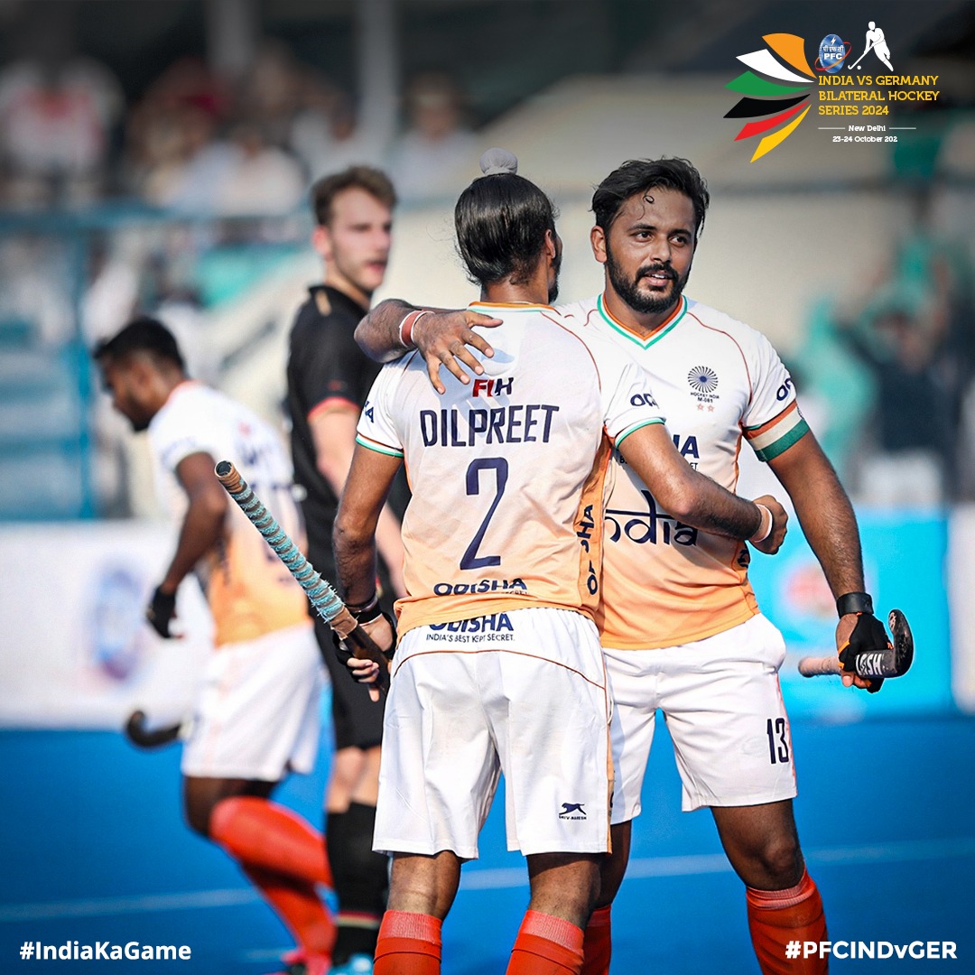 TheHockeyIndia's tweet photo. Relive the thrilling PFC India vs. Germany bilateral hockey series with these action-packed moments. 🔥 Pick your favorite highlight and let us know in the comments below! 👇
#IndiaKaGame #PFCINDvGER #HockeyIndia #GermanyTourOfIndia
.
.
.
@CMO_Odisha @IndiaSports @Media_SAI
@sports_odisha @limcaglucocharge @cocacola_india @fihockey @pfclindia