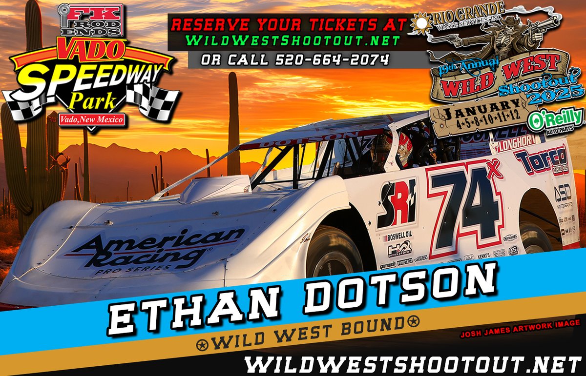 California's <a href="/ethandotson74/">Ethan Dotson</a> is ending 2024 with alot of speed and will open 2025 at <a href="/FKrodends/">Team FK</a> <a href="/VadoSpeedway/">Vado Speedway Park</a> during the Rio Grande Waste Services Wild West Shootout pres. by <a href="/oreillyauto/">O'Reilly Auto Parts</a>  on Jan. 4-12.

Full event details &amp; advanced reserved tickets at -&gt; WildWestShootout.net