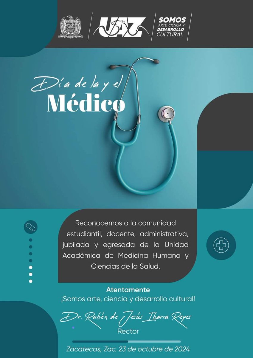 En este Día de la médica y el médico quiero reconocer a toda la comunidad estudiantil, docente, administrativa, jubilada y egresada de la Unidad Académica de Medicina Humana y Ciencias de la Salud

¡Felicidades, médicas y médicos UAZ!

#SomosUAZ