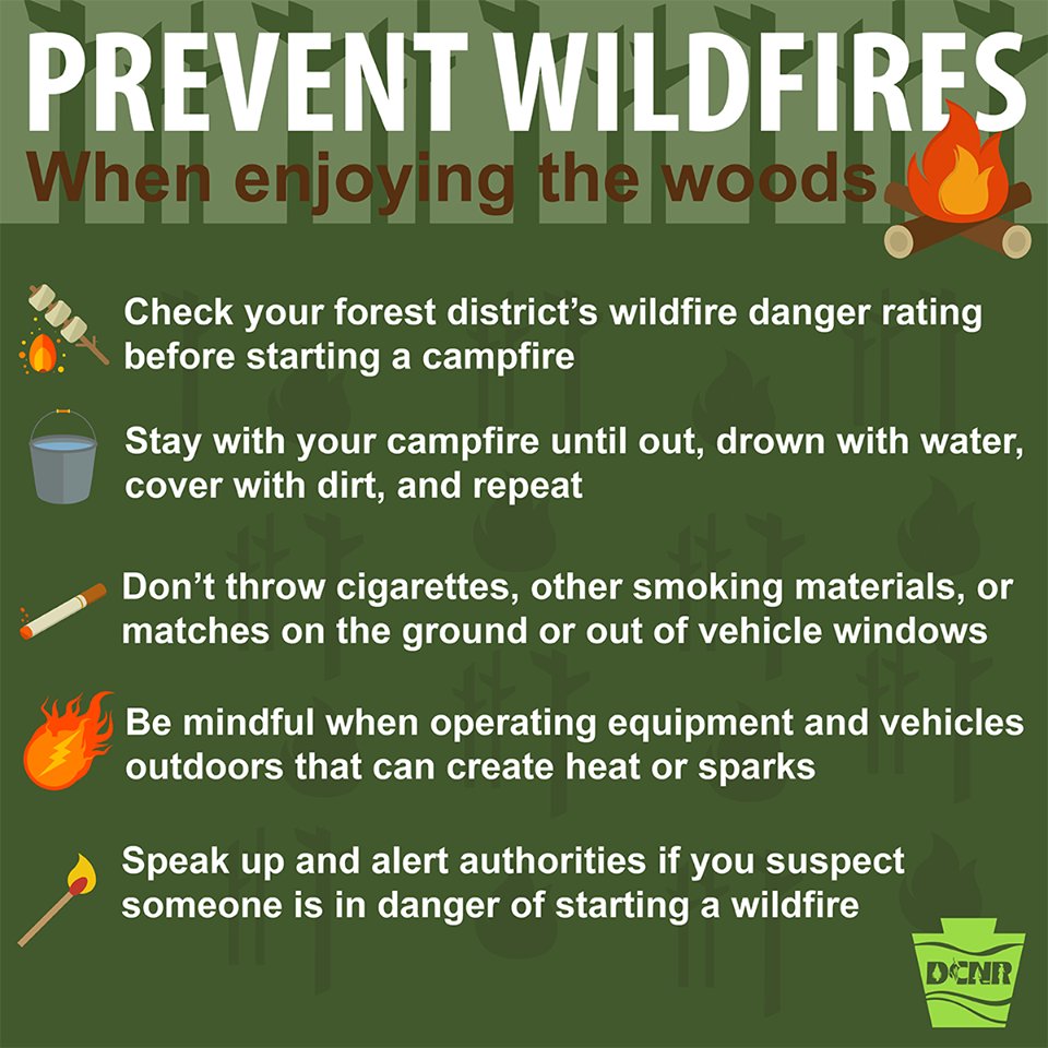 DCNRnews's tweet photo. With continued dry weather predicted, there is a possibility of increased wildfire danger in state parks, state forests, and across Pennsylvania.

Please be extra careful before starting any fires. ⤵️
#PAWildfire https://t.co/7NDQN8kmeP