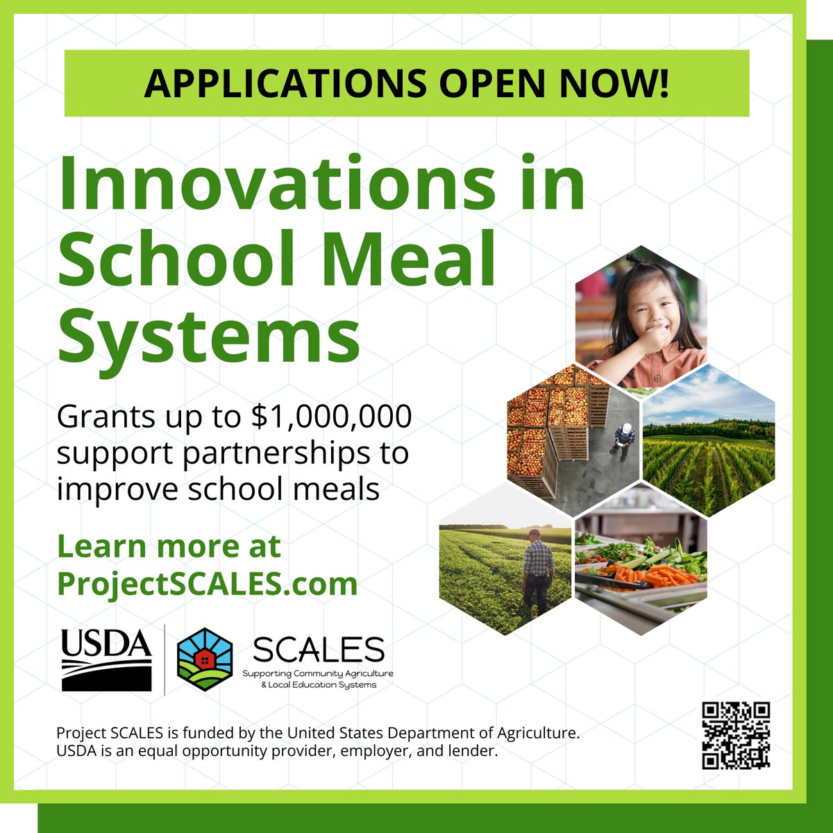 School Nutrition Foundation (@snf_tweets) on Twitter photo Grants up to $1 Million for School Food Systems!
With support from <a href="/USDA/">Dept. of Agriculture</a>, Project SCALES will fund innovative collaborations to bring more products to school meals. Grants from $500K to $1M. Learn more at projectscales.com Grants up to $1 Million for School Food Systems!
With support from <a href="/USDA/">Dept. of Agriculture</a>, Project SCALES will fund innovative collaborations to bring more products to school meals. Grants from $500K to $1M. Learn more at projectscales.com