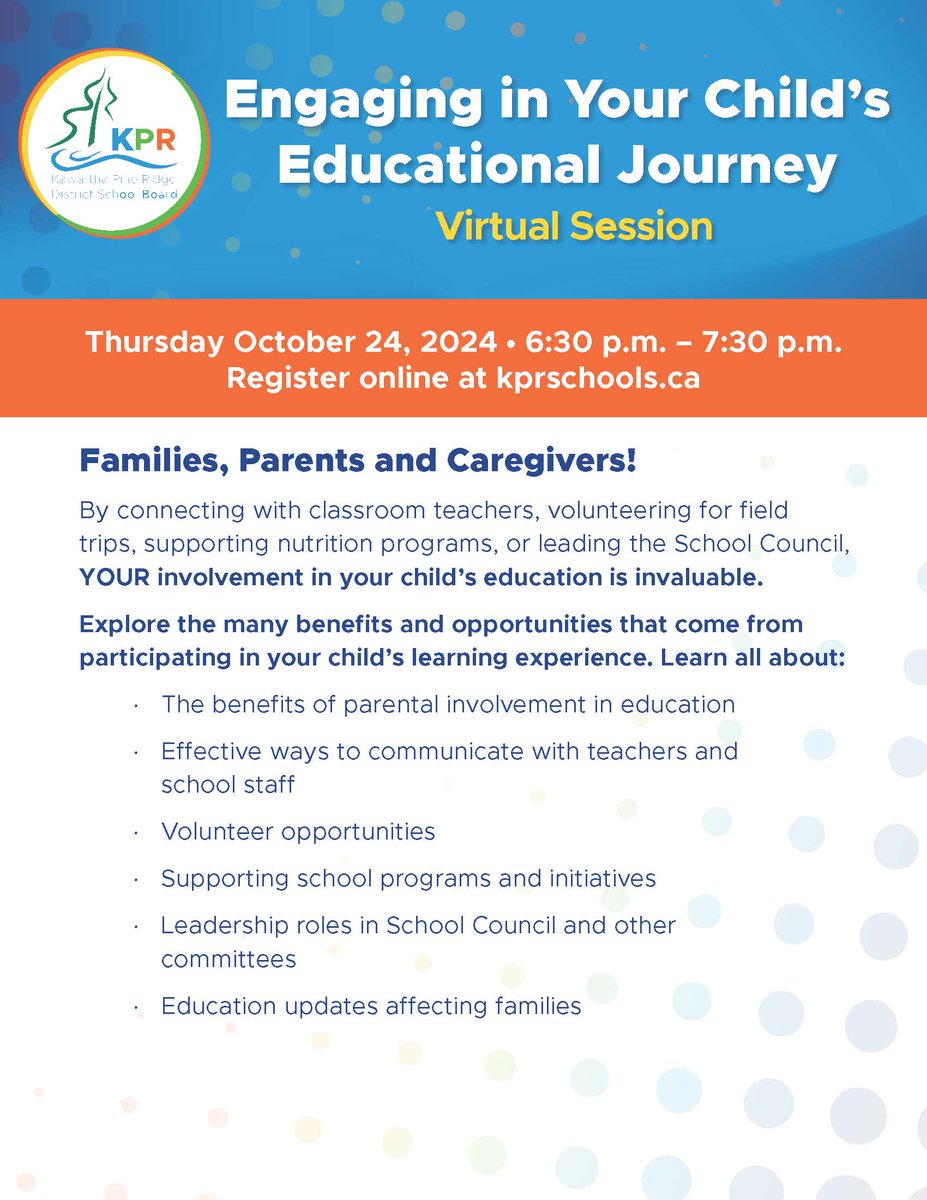 kprschools's tweet image. Join us tomorrow evening from 6:30 – 7:30pm for a virtual session about parent involvement, volunteer opportunities, leadership roles in School Council and more! Event details and registration are available at kprschools.ca/student-and-fa…