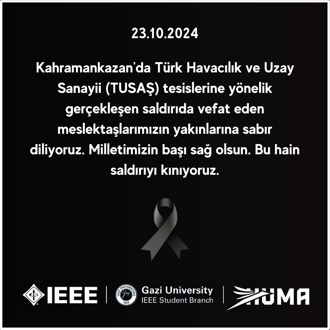 Kahramankazan'da TUSAŞ'a yönelik hain saldırıda hayatını kaybeden meslektaşlarımızın yakınlarına sabır diliyoruz. Bu saldırıyı kınıyor, güvenli bir Türkiye için mücadeleye çağırıyoruz.  #tusaş