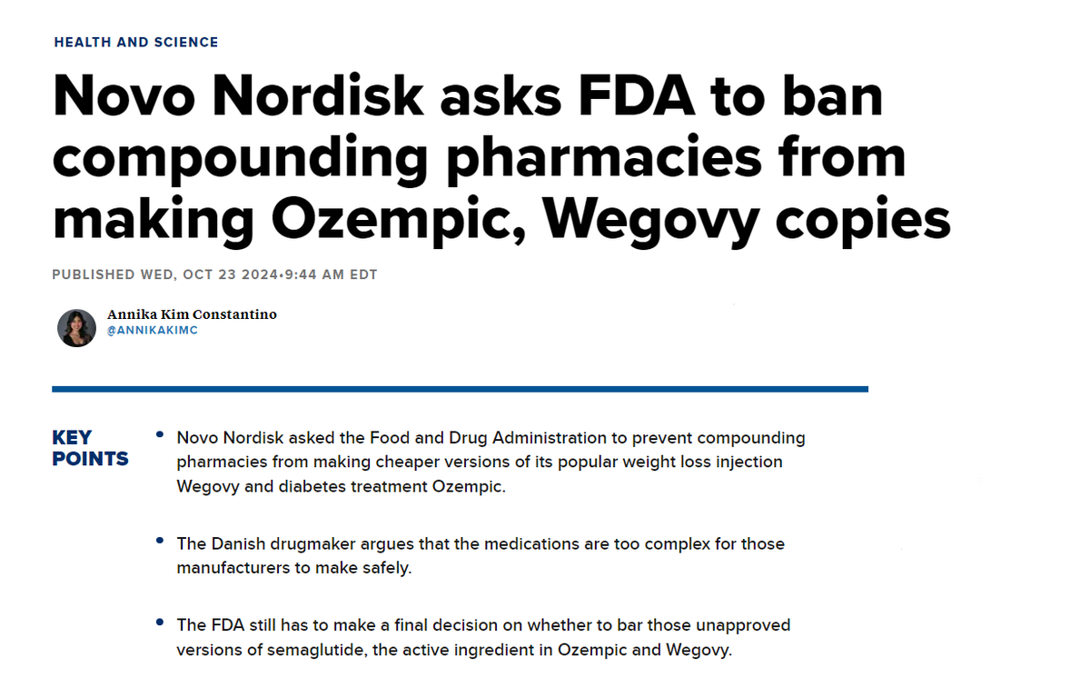 mvcinvesting's tweet photo. JUST IN: Novo Nordisk asks the FDA to ban compounding pharmacies from making copies of Ozempic and Wegovy.

$HIMS down ~7% following this.