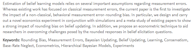 JamesBland_Econ's tweet photo. 🚨🚨 New working paper 🚨🚨
"Rounding the (Non)Bayesian Curve: Unraveling the Effects of Rounding Errors in Belief Updating"
with Yaroslav Rosokha
https://t.co/04QHh3XwAS
#TeachBE #Beliefs #BayesianUpdating #BayesianStats #Rounding #Experiments
a thread ... https://t.co/xvhxCuN3qq