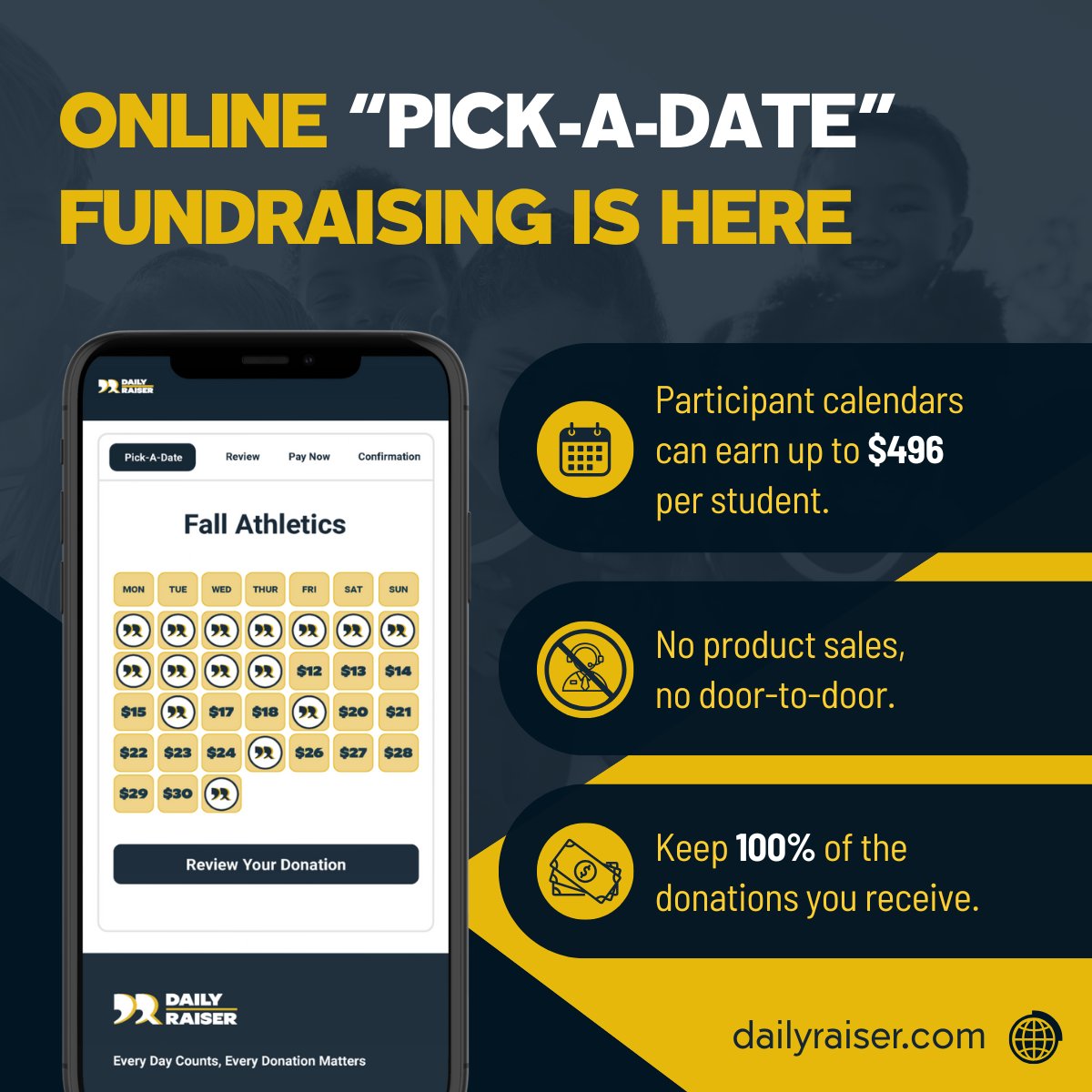 DailyRaiser's tweet photo. We’re excited to launch Online “Pick-A-Date” Fundraising with Daily Raiser—the easiest way to turn calendar dates into real support for your cause. 
Ready to make a difference? Head to https://t.co/bLbwiMCpa6 and see how easy it is to boost your fundraising efforts! https://t.co/sTihQEIDPP