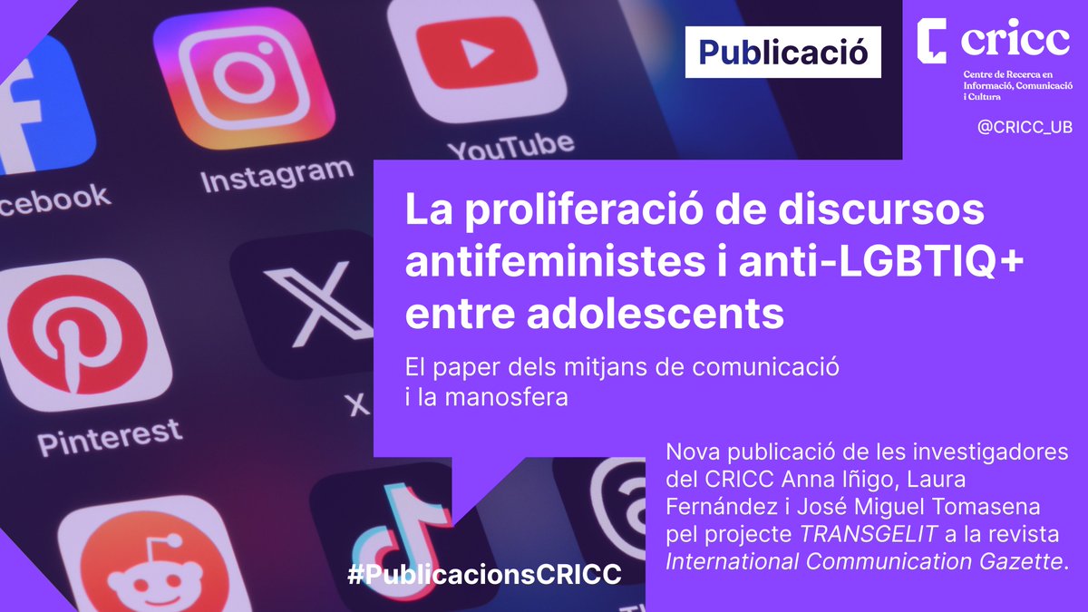 CRICC (@cricc_ub) on Twitter photo 🆕PUBLICACIÓ | Les investigadores de #TRANSGELIT <a href="/annavinigo/">Anna Iñigo</a>, Laura Fernández i <a href="/jmtomasena/">josé miguel tomasena</a> publiquen un nou article a la revista International Communication Gazette
🟣 «Disinterest, normalisation of gender violence and fear of being cancelled»
➕ℹ️: fima.ub.edu/grups/cricc/no… 🆕PUBLICACIÓ | Les investigadores de #TRANSGELIT <a href="/annavinigo/">Anna Iñigo</a>, Laura Fernández i <a href="/jmtomasena/">josé miguel tomasena</a> publiquen un nou article a la revista International Communication Gazette
🟣 «Disinterest, normalisation of gender violence and fear of being cancelled»
➕ℹ️: fima.ub.edu/grups/cricc/no…