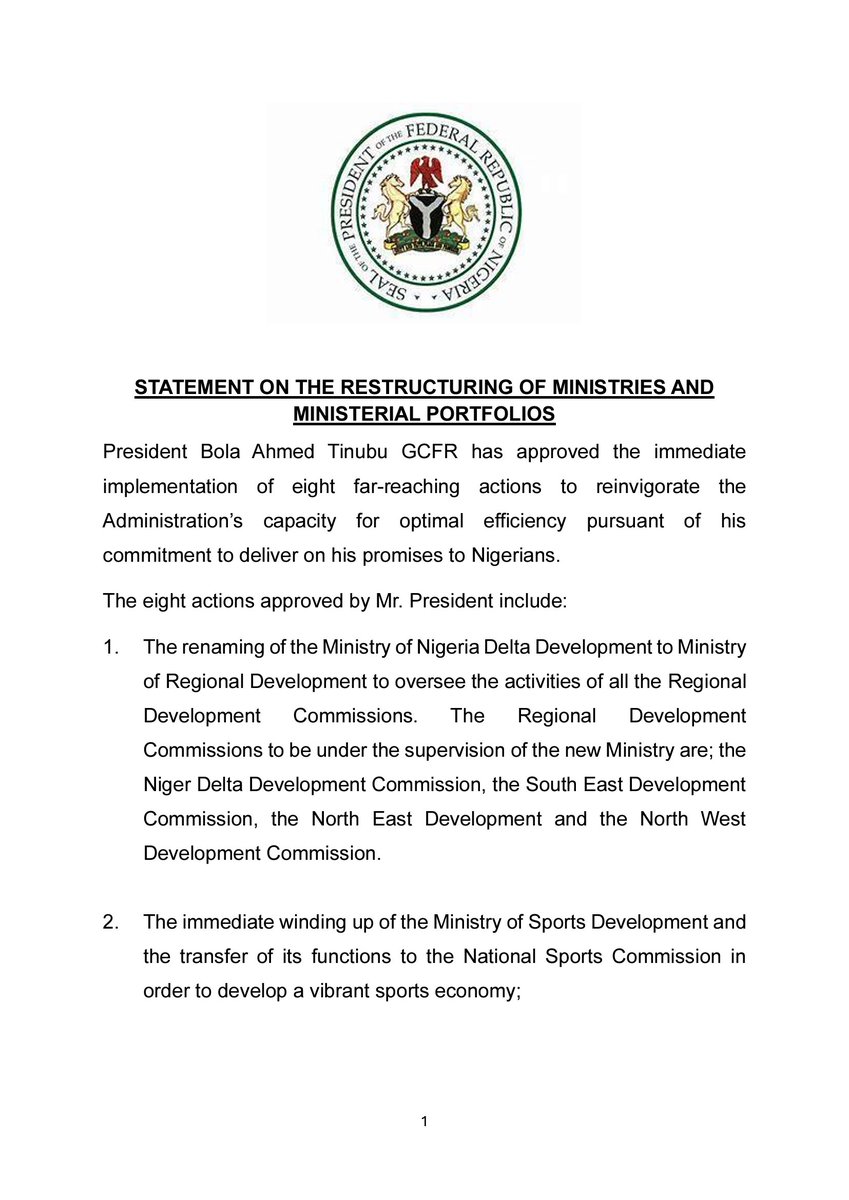 NGRPresident's tweet image. Statement on the Restructuring of Ministries and Ministerial Portfolios (23/10/2024)