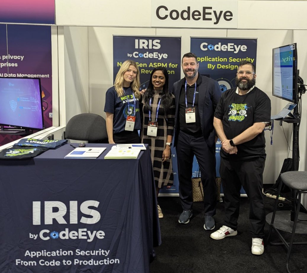 CodeEyeAI's tweet photo. 📍 Stop by Booth 1019 at #Sector Today and Thursday! You don’t want to miss out on our cool t-shirts.
#Sector #CodeEye #IRIS #AppSec #Cybersecurity https://t.co/RF6SOfzkla